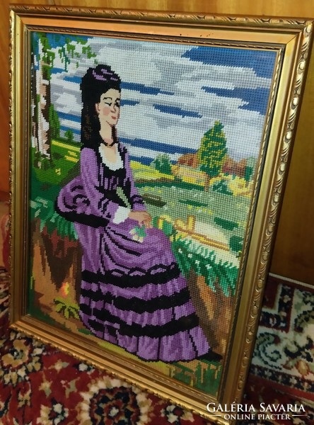 Gobelin kép, lila ruhás hölgy