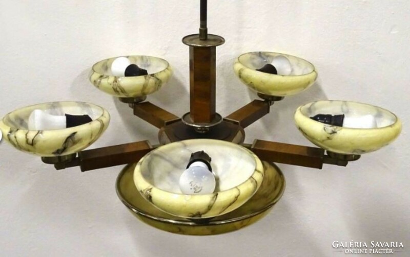 Retro adt deco chandelier frame with wood and bronze decorations, beautiful shape, teardrop can be replaced