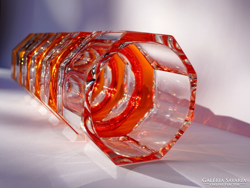 Ritka régi VEB Glaswerke Schmiedefeld német nyolcszögletű fazettált kristály váza 1960-70-es évek