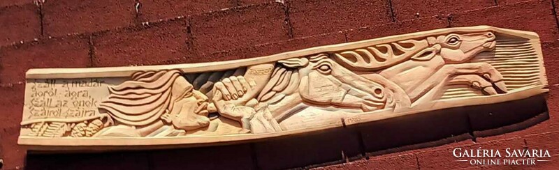 The bird flies from branch to branch ... Monumental carved wooden image - wood carving - marked