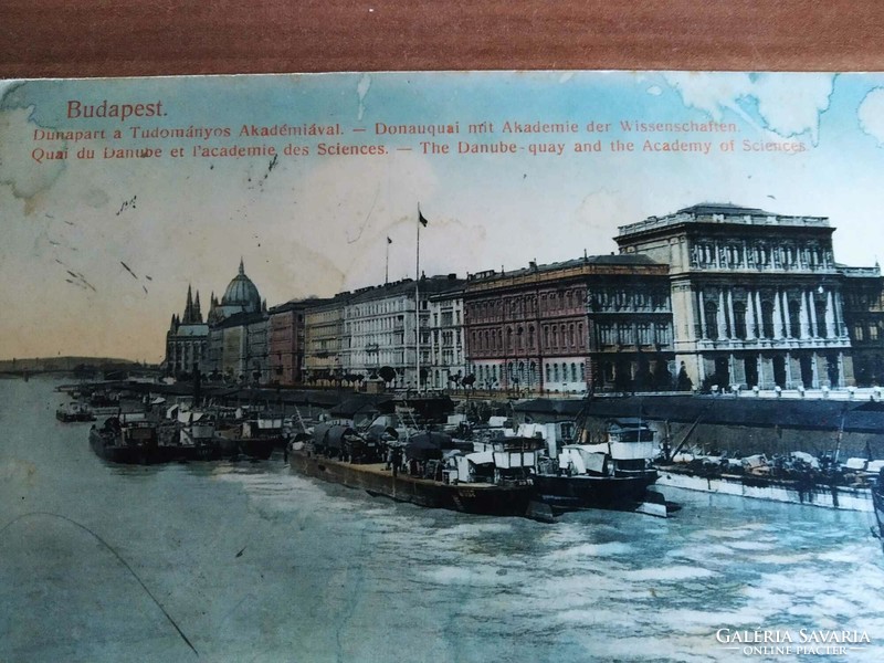 Budapest, Dunapart a Tudományos Akadémiával, Országház, Parlament, bélyegezve 1911