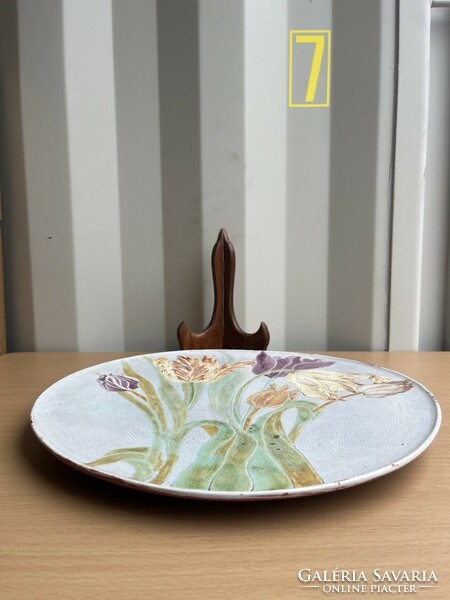 Antique art nouveau wall plate, painted-glazed ceramic bowl a59