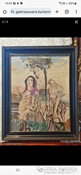 Antique micro tapestry with wonderful colors in a wooden frame