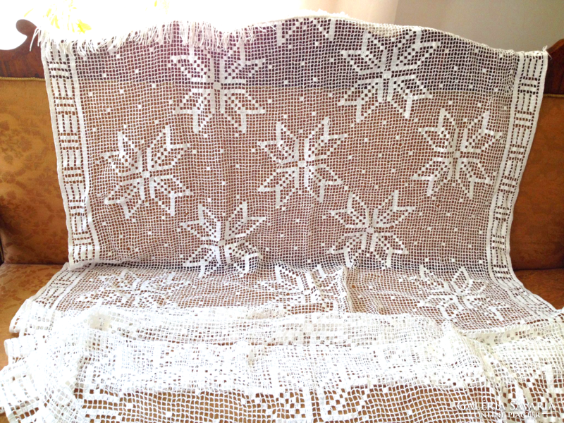 Antique hand crocheted curtain with fringes ice flower Christmas 125 x 200 cm large