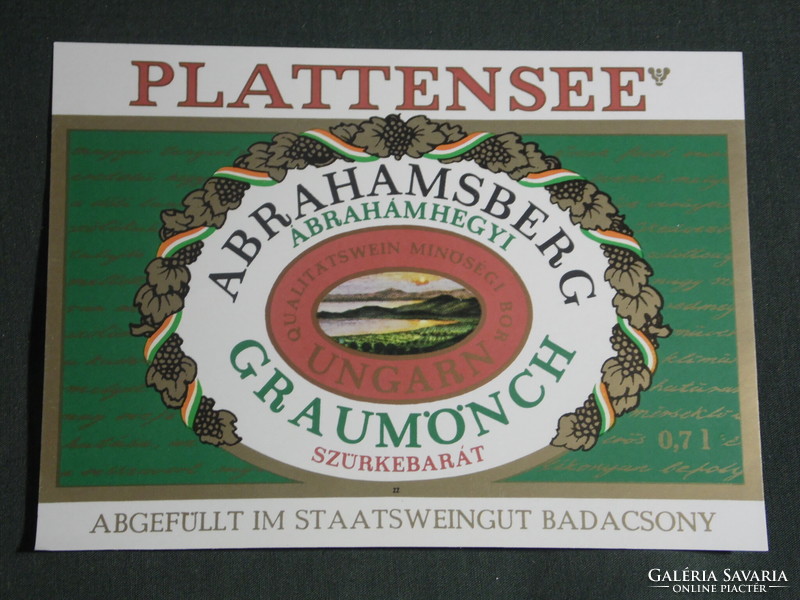 Wine label, Badacsony winery, Plattensee, Ábrahámhegyi gray friend