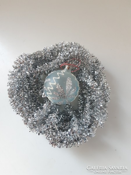 Old milk glass sphere Christmas tree ornament with blue glitter decoration