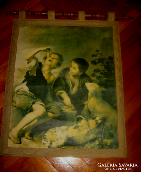 Vintage tapestry mural of children eating pie