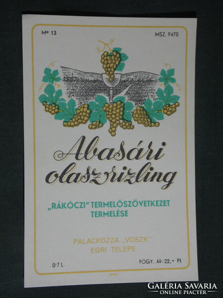 Wine label, Rákóczi production association mouse, Abasária Italian Riesling white wine