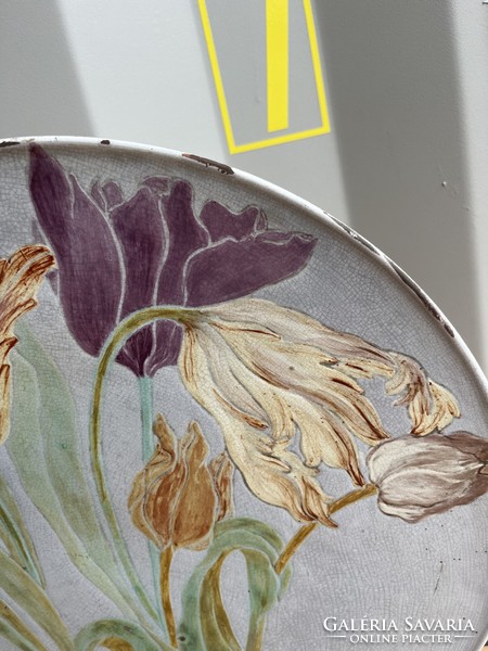 Antique art nouveau wall plate, painted-glazed ceramic bowl a59
