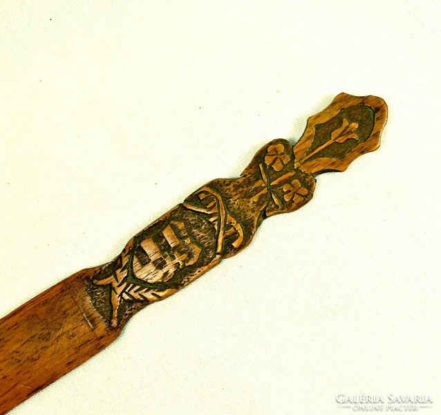 Old carved wooden leaf-cutting dagger with Hungarian coat of arms