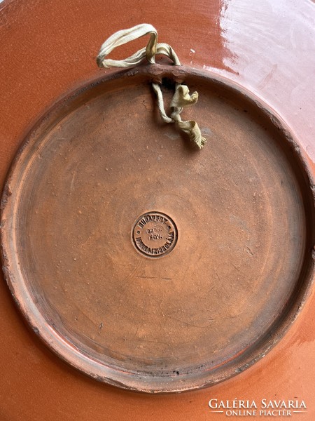 Antique art nouveau wall plate, painted-glazed ceramic bowl a59