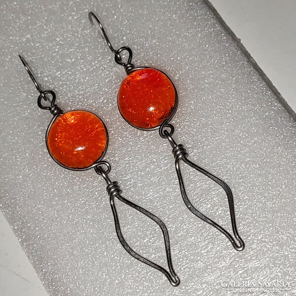 Special long metal orange glass eye earrings