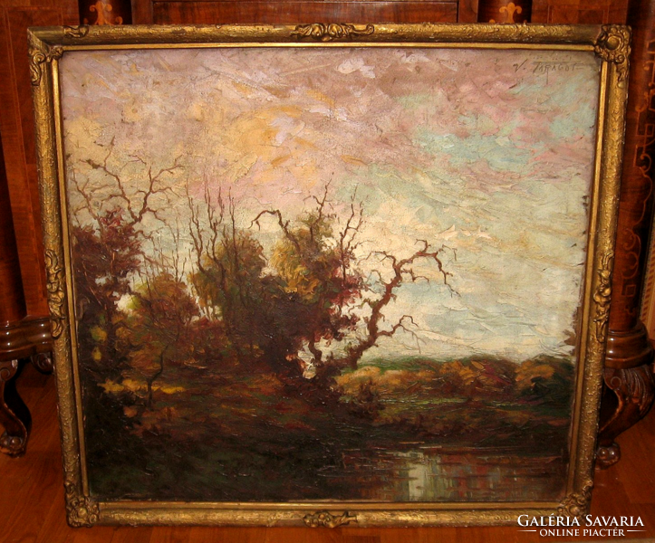 Antique guaranteed original v. Carving Ferenc painting: swampy landscape