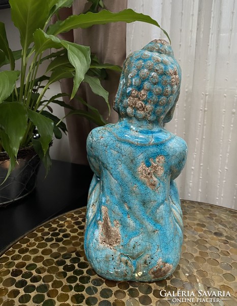 Türkiz mázas kerámia Buddha szobor