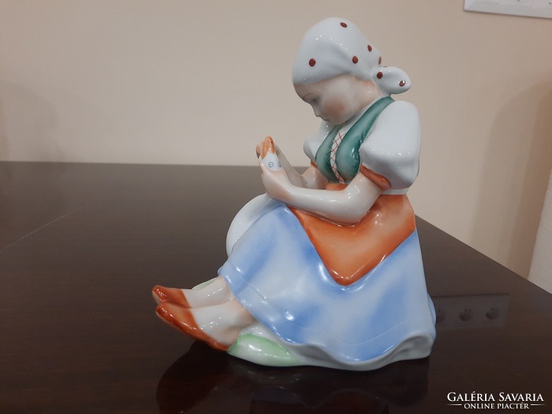 Zsolnay little girl stuffing and feeding geese, figure of a girl with a goose, stuffing geese