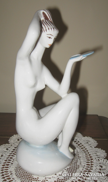 Rarely painted Zsolnay art deco Turkish Janos figurine: nude with mirror