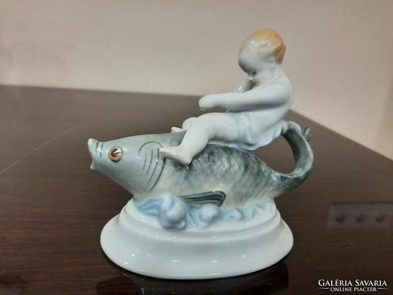 Herend boy riding a fish, fish putto figure