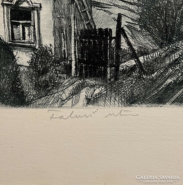 Domokos Gaál (1940-2009) village street - artistically controlled etching framed (invoice provided)
