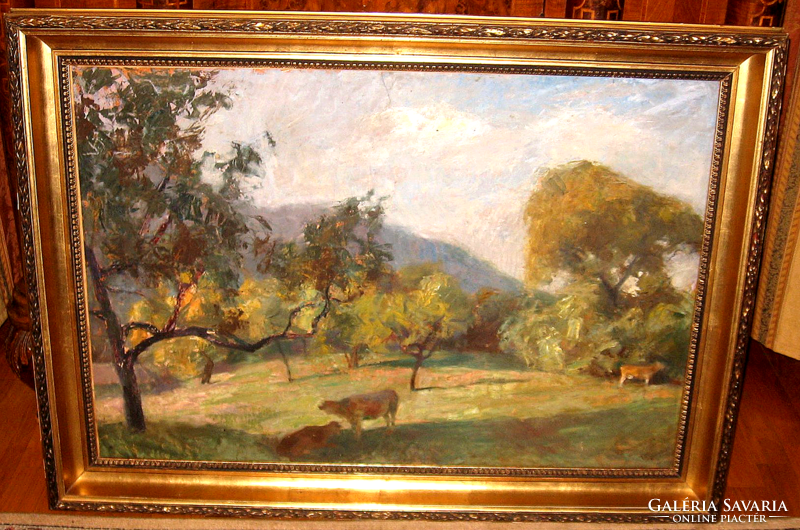 Monumental guaranteed original Erik Scholz /1926-1995/ painting: cows in the meadow