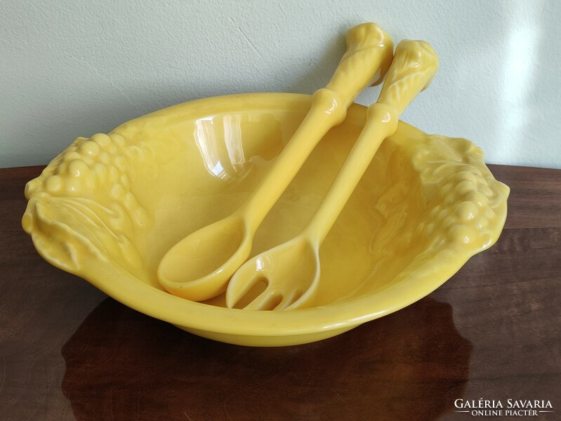 Witch's kitchen yellow fruit ceramic serving bowl + ceramic spoon fork Hungarian handicraft product