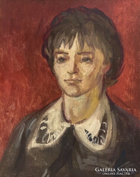 László Kenöz: lady in a collared blouse (2000) - oil on canvas work framed /invoice provided/