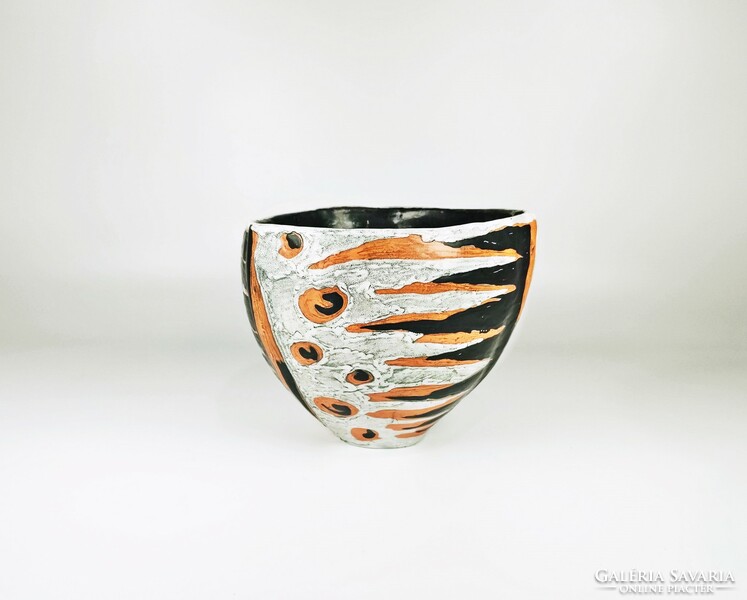 Gorka livia, Fretro 1950s black ceramic pot with abstract pattern, perfect! (G025)