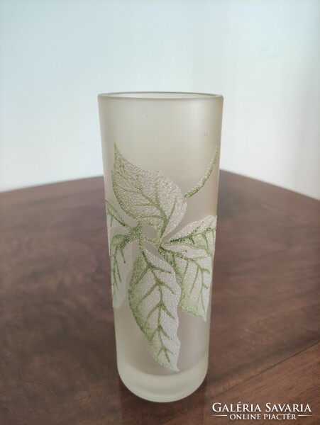 Special cylinder-shaped industrial art white green veined leaf pattern acid-etched antique glass vase