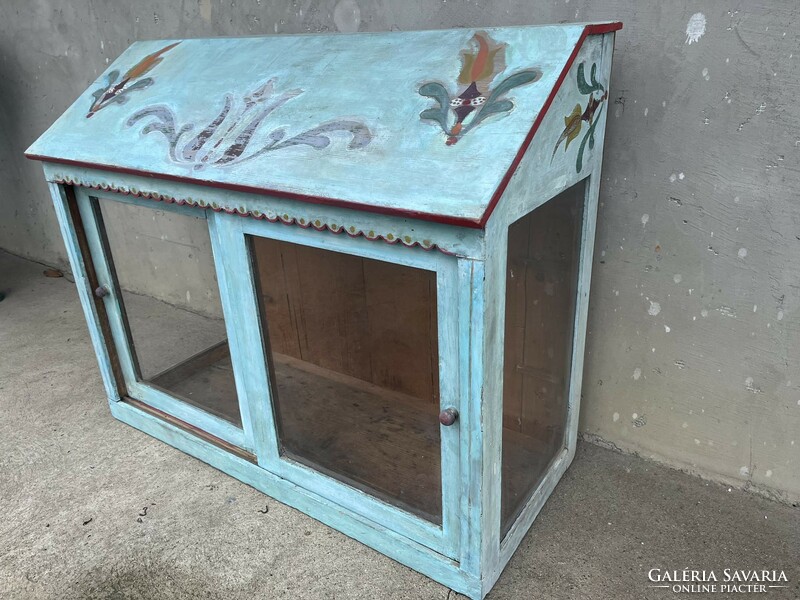 Antique tulip folk hand-painted vintage wall teak with display case!