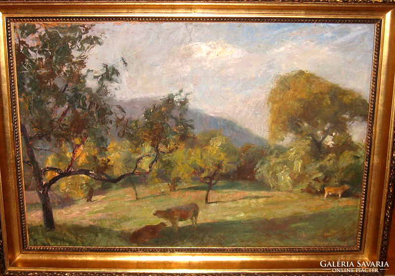 Monumental guaranteed original Erik Scholz /1926-1995/ painting: cows in the meadow