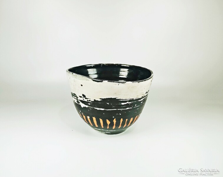 Gorka livia, Fretro 1950s black ceramic pot with abstract pattern, perfect! (G029)