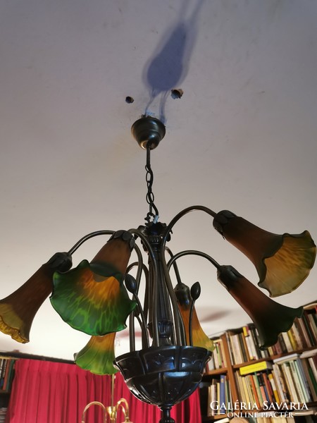 Secession-style Austrian six-arm chandelier with colorful shades. Easter sale!