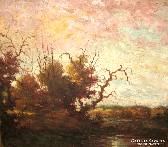 Antique guaranteed original v. Carving Ferenc painting: swampy landscape