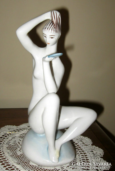 Rarely painted Zsolnay art deco Turkish Janos figurine: nude with mirror