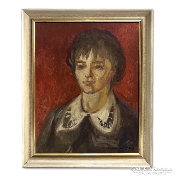 László Kenöz: lady in a collared blouse (2000) - oil on canvas work framed /invoice provided/