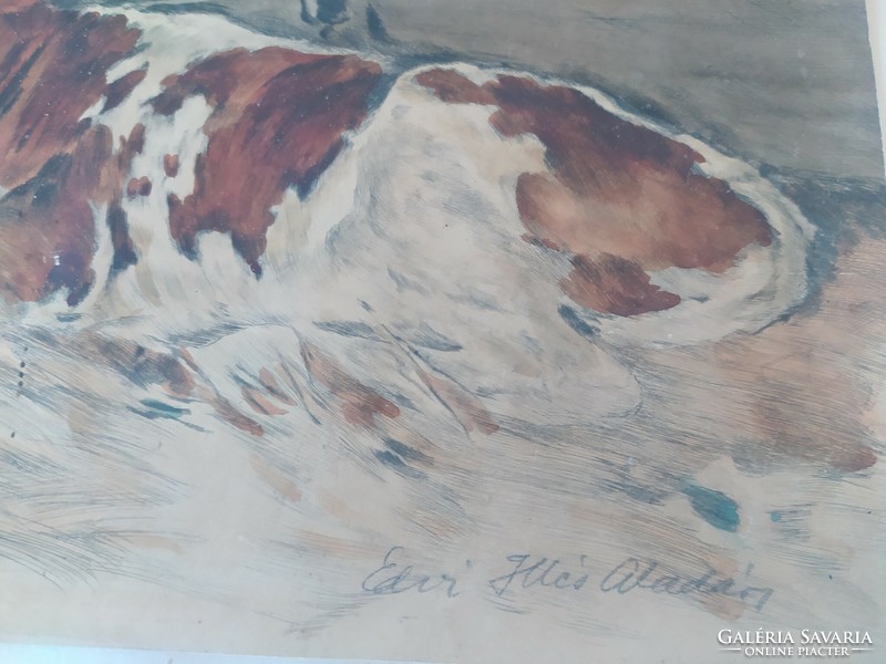 Edvi Illés Aladás Tehenek az istállóban színezett rézkarc 47 x 34 cm