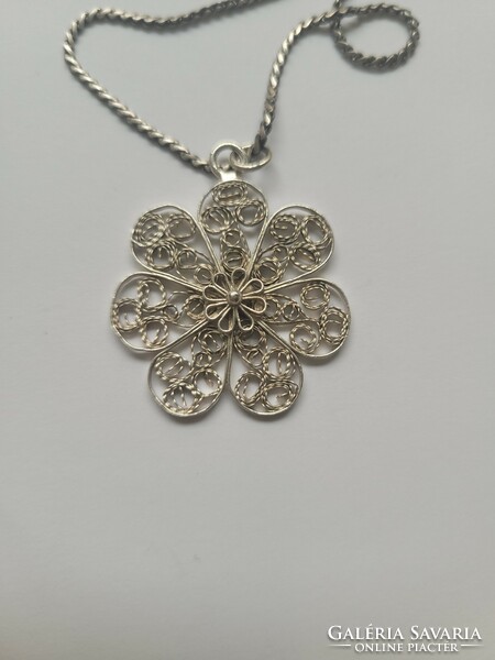 Antique filigree silver flower motif openwork pendant with silver chain!