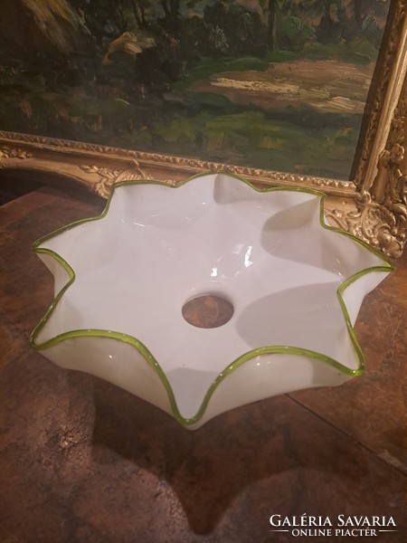 Antique glass frilled lampshade with green edge