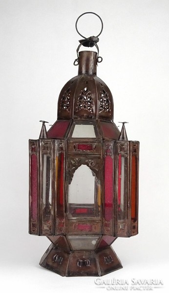 1P643 Antik üvegbetétes gyertyás mennyezeti lámpa templomi lámpa 39 cm