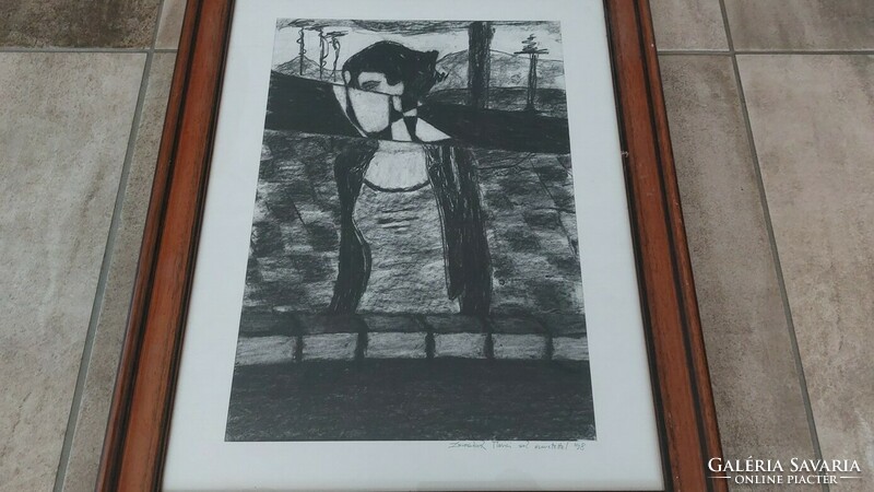 (K garfika charcoal drawing with frame 48x59 cm. Cubist style.