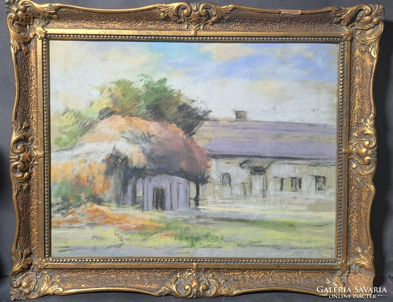 István Matusek: farm world, 1931 (framed pastel) old peasant picture, painter from Székesfehérvár