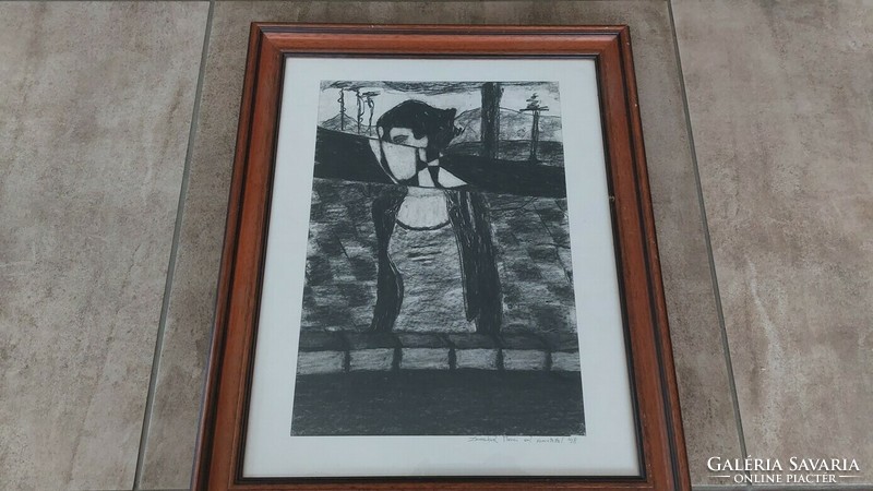 (K garfika charcoal drawing with frame 48x59 cm. Cubist style.