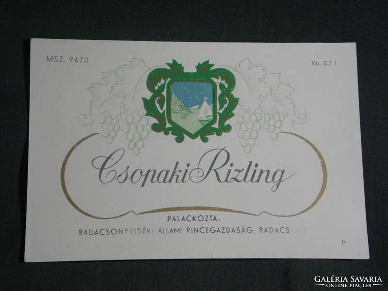 Wine label, Badacsony winery, wine farm, Csopak Riesling wine