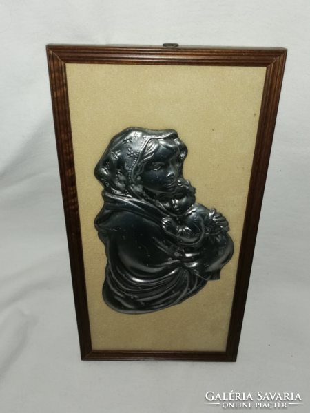 Mary with baby Jesus, framed metal plaque on a velvet base