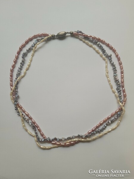 Old designer necklaces in three colors: white, pink, blue pearl necklaces!