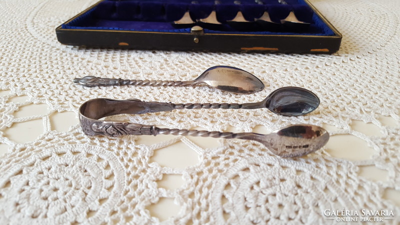 English silver-plated figurative teaspoon with twisted handle, sugar tongs, in box