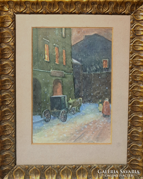 Carriage in the snow - winter streetscape (watercolor frame) snowy, Christmas-like scene