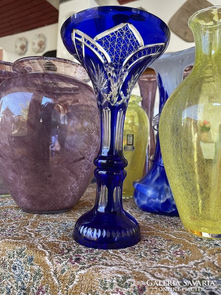 Gyönyörű  Midcentury modern kèk  színű kristály?  üveg váza   Gyűjtői szépség
