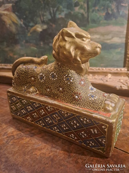 Antique enamel painted gilded faience lion, dog