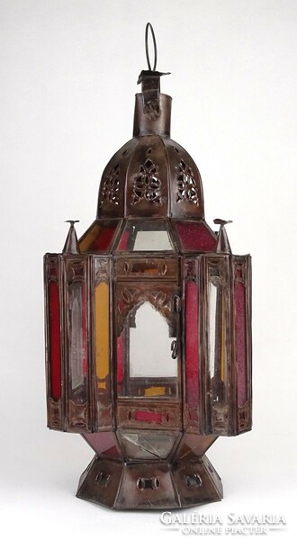 1P643 Antik üvegbetétes gyertyás mennyezeti lámpa templomi lámpa 39 cm