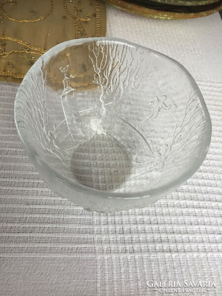 Svéd üveg tál, jelzett, jégüveg, 14,5 átmérő, 10 cm magas (76)